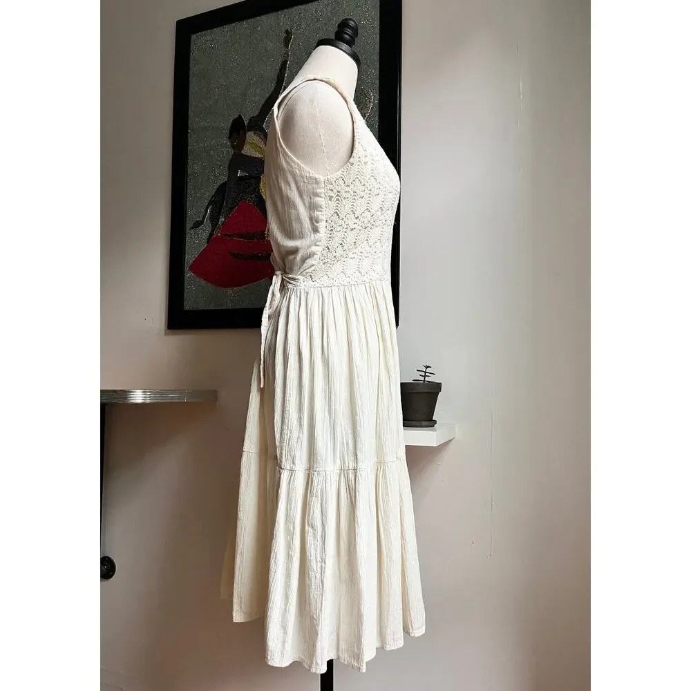 Vintage 60s Crochet Gauze Midi Dress | Ivory Cotton Lace Cottagecore Boho | M/L - Picture 3 of 10